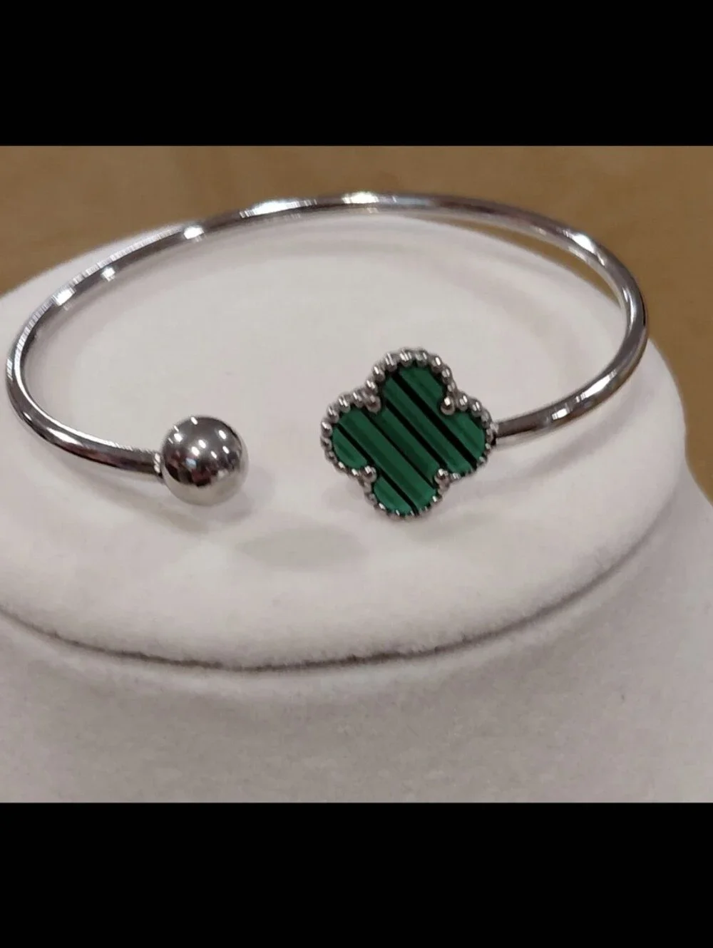 Green Clover Silver Open Bangle Bracelet -